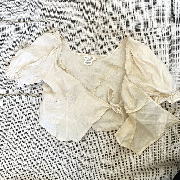 100% Linen VRG GRL puff sleeve wrap crop top - Picture 2 of 4